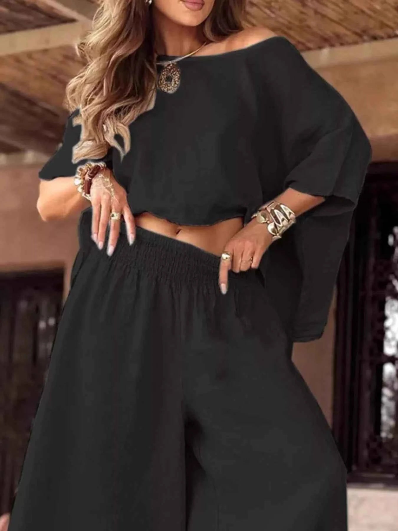 Full Size Boat Neck Top and Wide Leg Pants Set Plus Size Black aa6de998-32bb-44fd-b4e8-7e3db3482432-Max-Origin