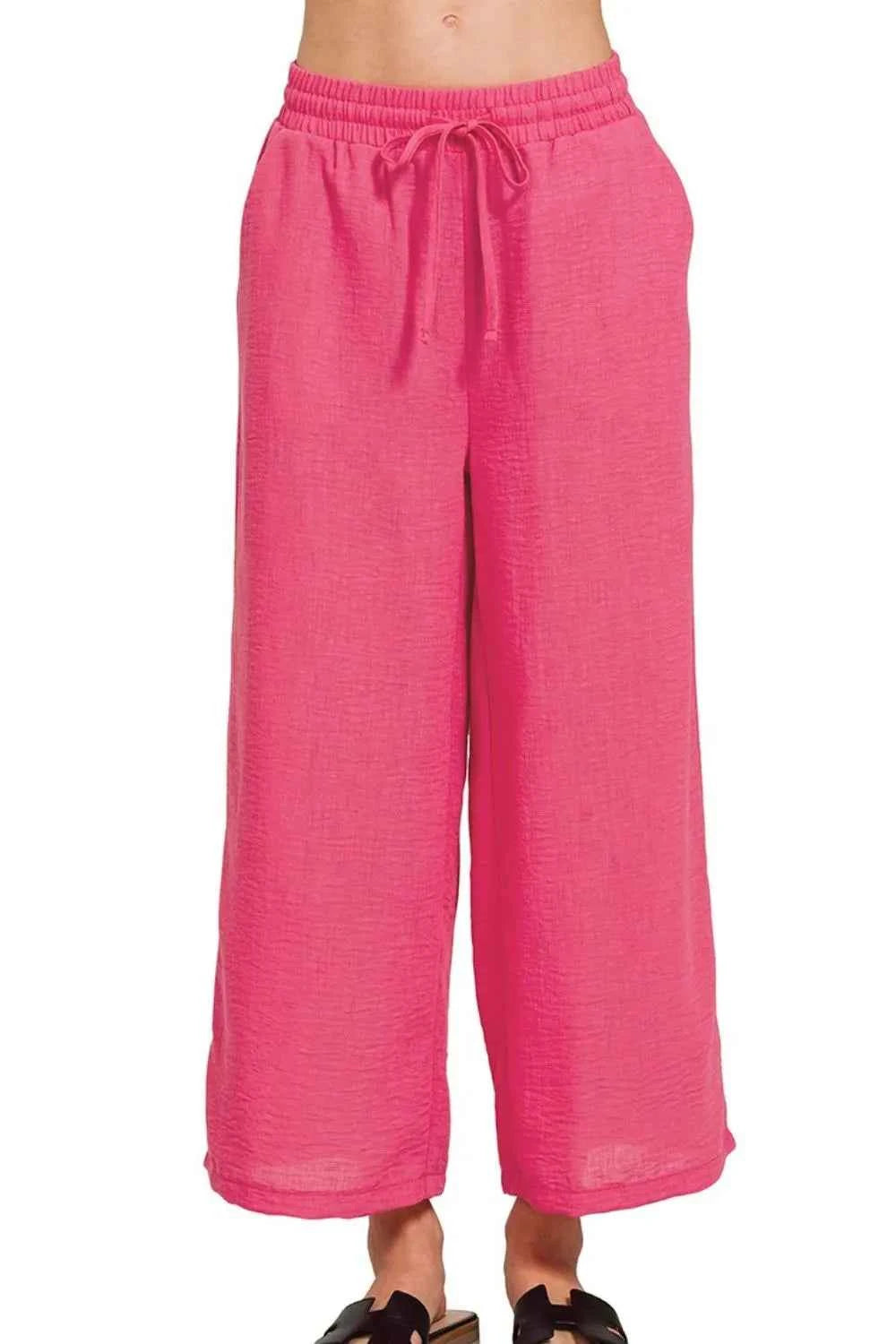 Zenana Woven Crepe Elastic Band Waist Cropped Pants FUCHSIA aa73f508-7b1b-4334-9cac-ff5c37e67879-Max-Origin