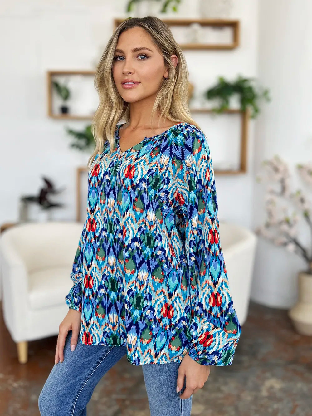 Double Take Full Size Printed Balloon Sleeve Blouse aa86fdfe-1643-4e55-aa97-7e9233f0c8c5-Max