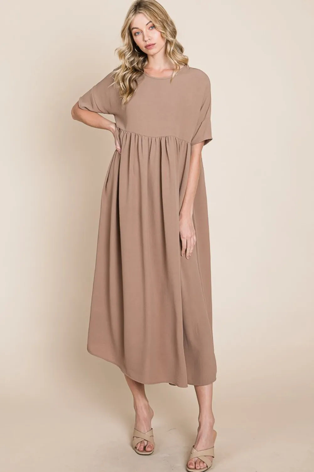 BOMBOM Round Neck Ruched Midi Dress aa91e64b-fa35-4fe2-a9a1-cf364284edf0-Max