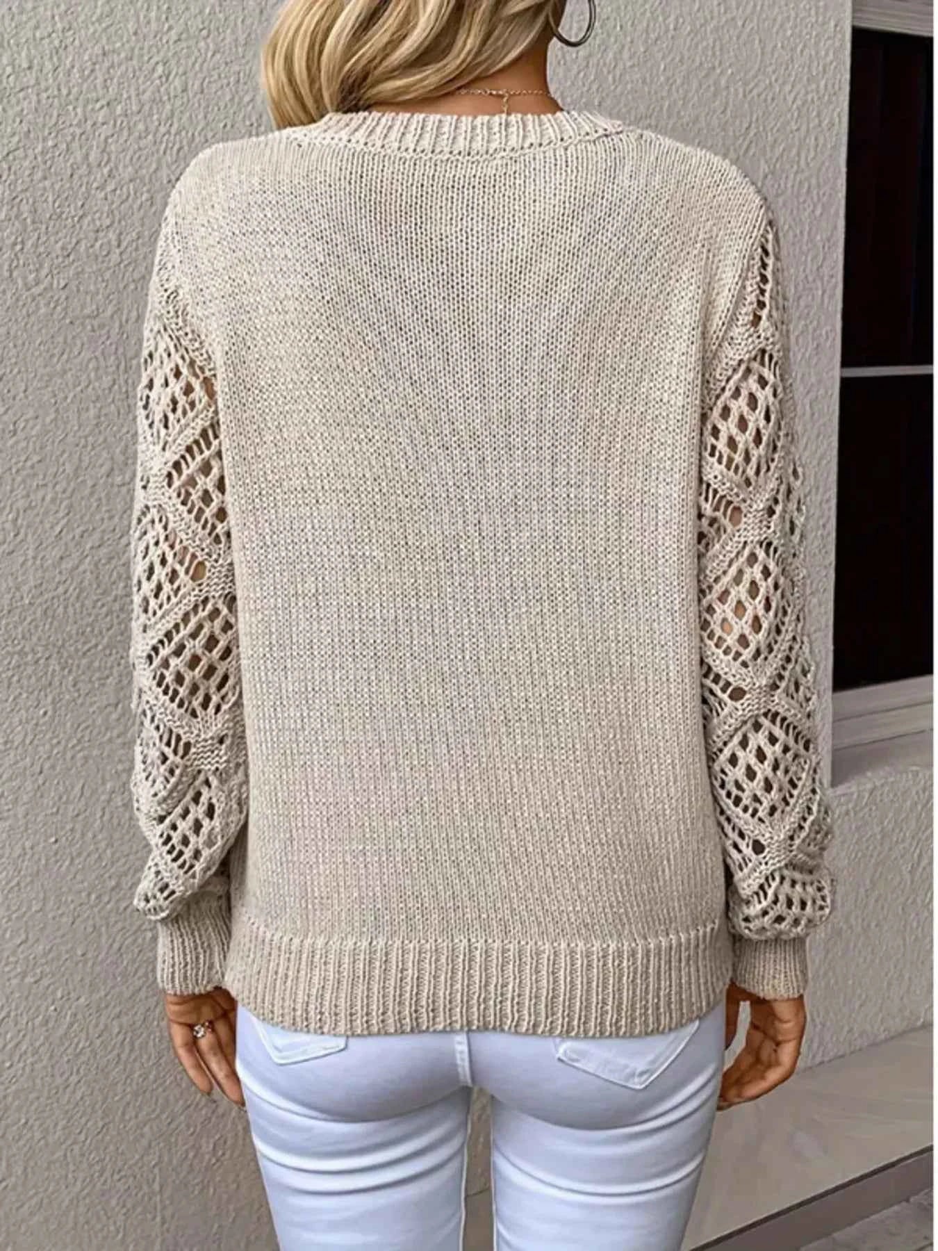 Openwork V-Neck Long Sleeve Sweater aaaa9f58c1b74a4eadd61d4c50f570fa-Max-Origin