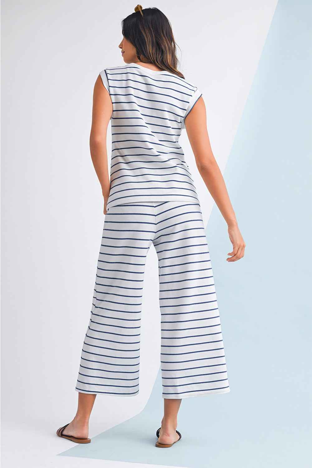 Sail Blue Casual Striped Tee and Wide Leg Pants Set Sail Blue aaad9e7649deb7d0