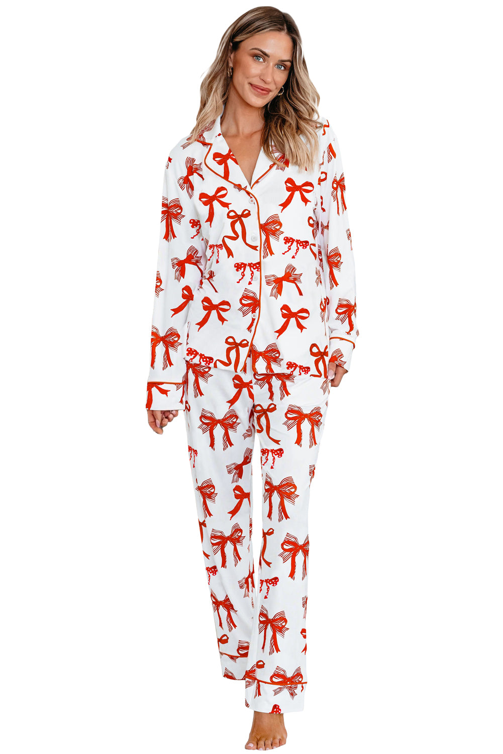 Red Christmas Bow Print Long Sleeve 2pcs Pajama Set Red 100%Polyester aad13877037ac25a