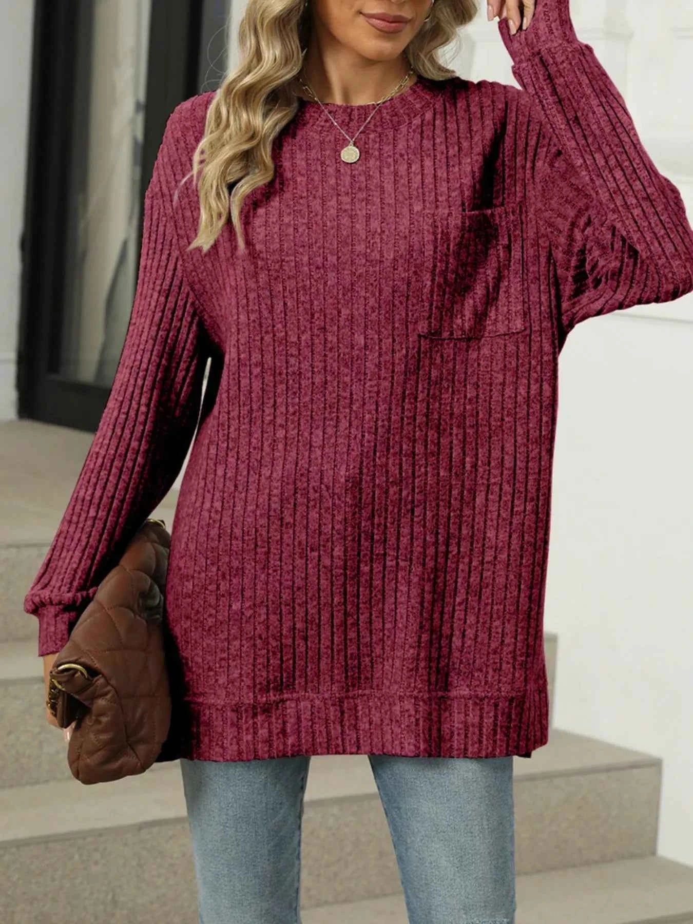 Ribbed Knit Round Neck Sweater Wine Red aada1247-6a49-4ebc-9972-e2331b65c826-Max-Origin