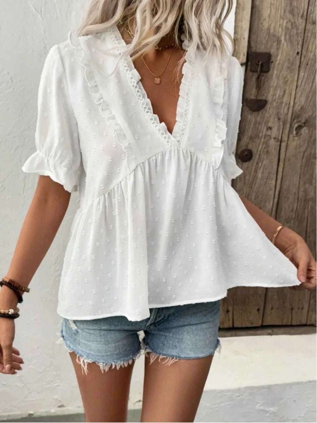 Swiss Dot Ruffled V-Neck Blouse with Flounce Sleeves White aae6ed897658459c9459def26f932283-Max-Origin