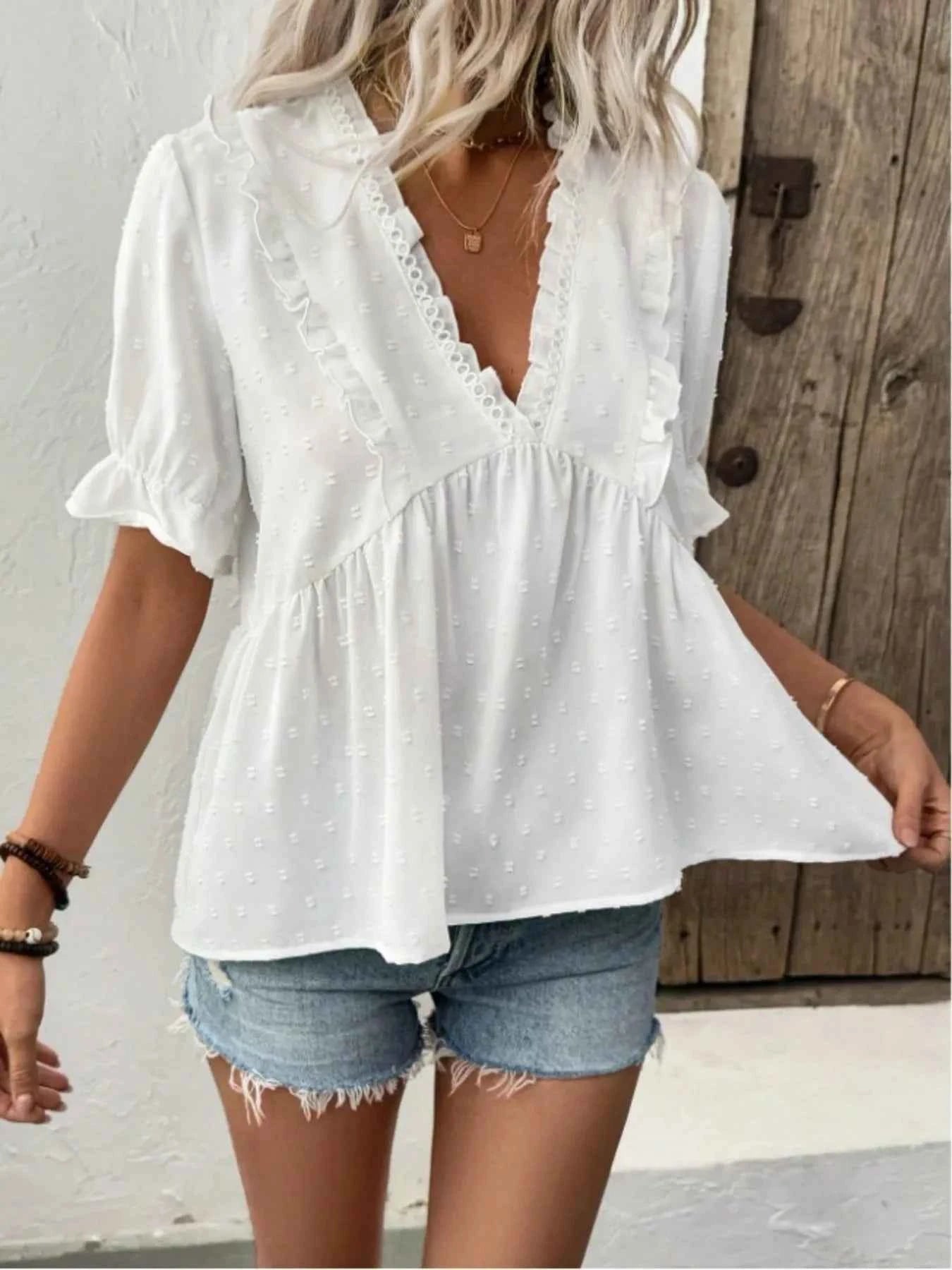 Swiss Dot Ruffled V-Neck Blouse with Flounce Sleeves White aae6ed897658459c9459def26f932283-Max-Origin