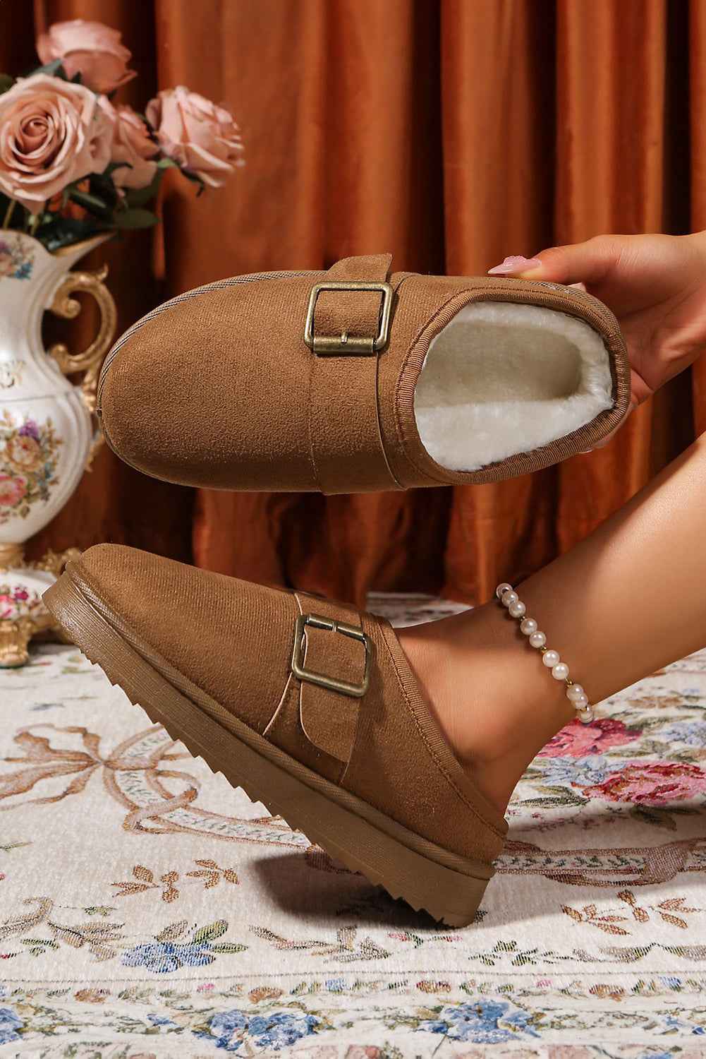 Camel Faux Suede Buckle Strap Detail Winter Clog Slippers Camel Suede aaeb4bbac079b19d