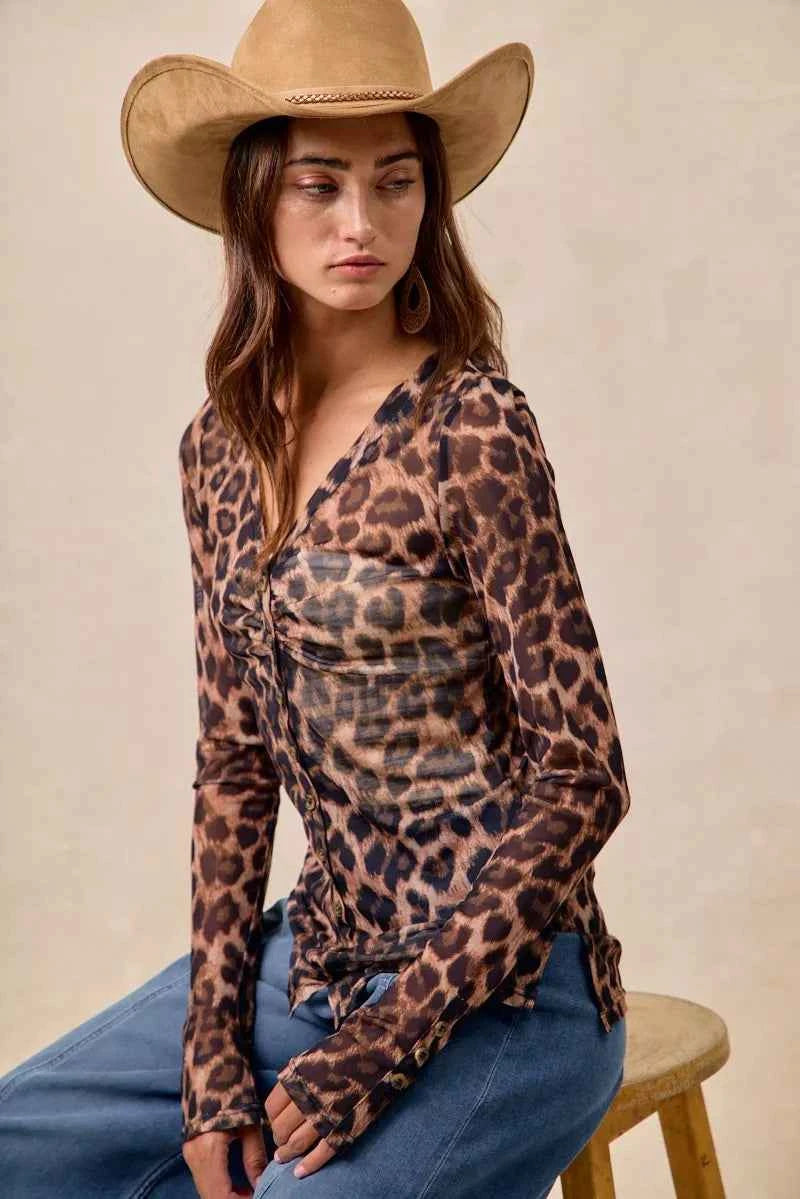 BiBi Leopard Printed Mesh Shirt With Button Up V Neck ab05824e91264c25aeb63442ea456386-Max-Origin