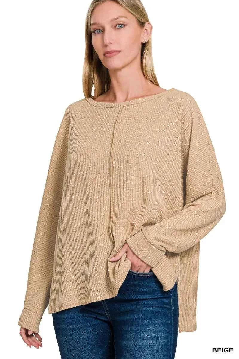 Zenana Ribbed Center Seam Dolman Sleeve Hi Low Sweater BEIGE ab10dfc17d2244449a4c49b15fedb152-Max-Origin