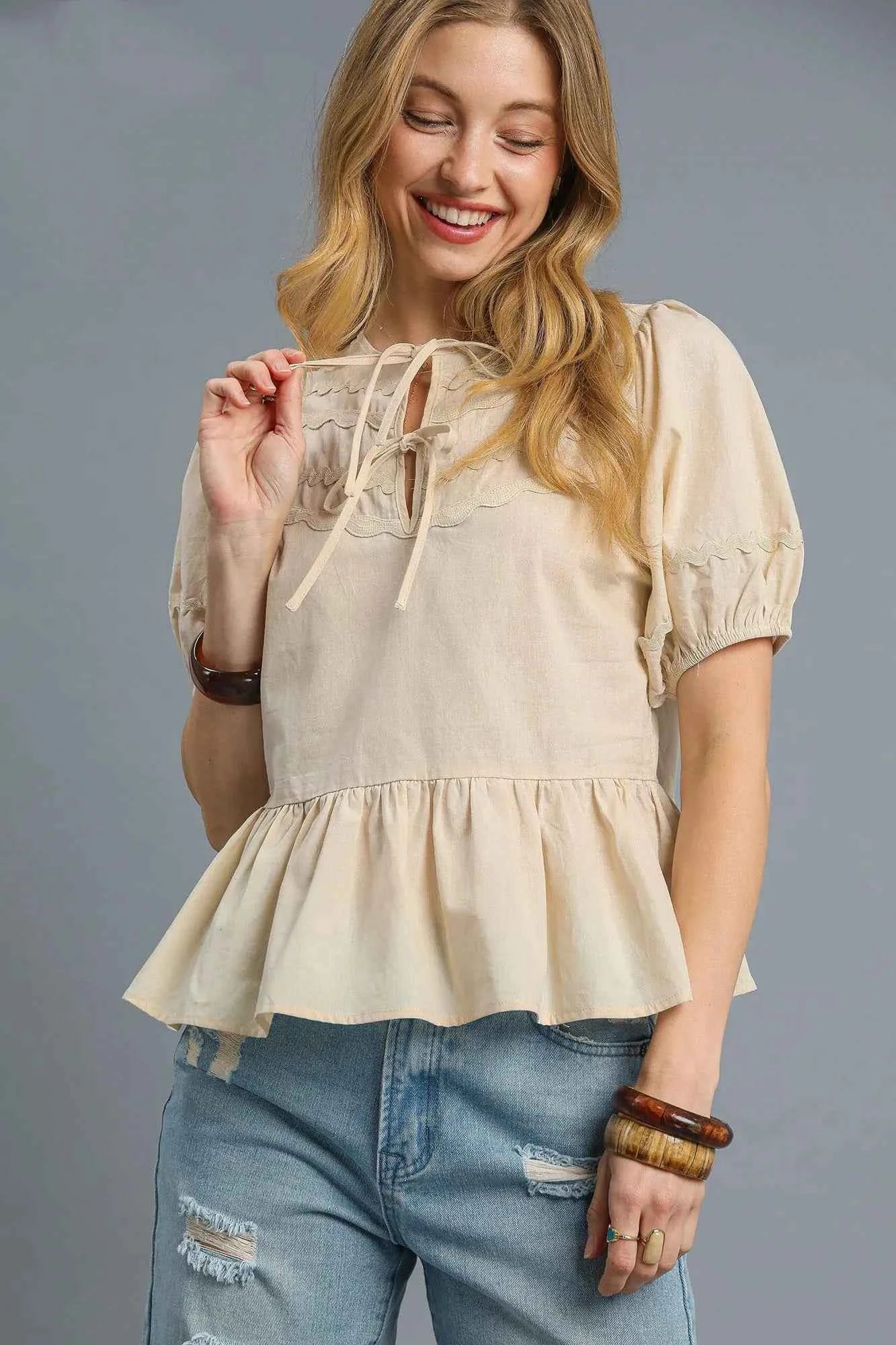 Umgee Tie Front Puff Sleeve Blouse Cream ab1e9e42-b0e2-4778-8ca7-10cd98b99911-Max-Origin