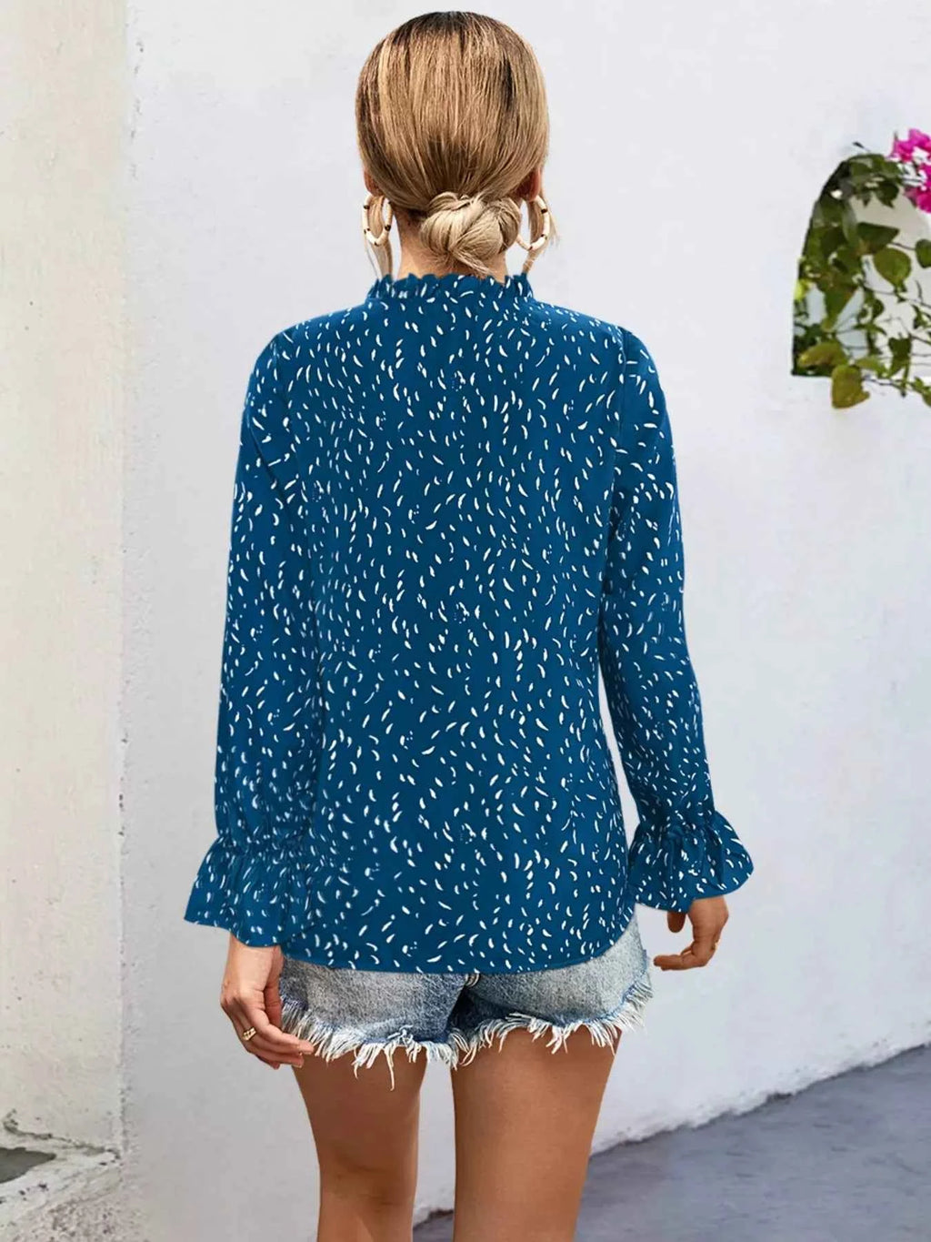 Ruffled Printed Tie Neck Long Sleeve Blouse ab2160b6-c55c-4dc4-92b9-3d6adcd45f12-Max-Origin