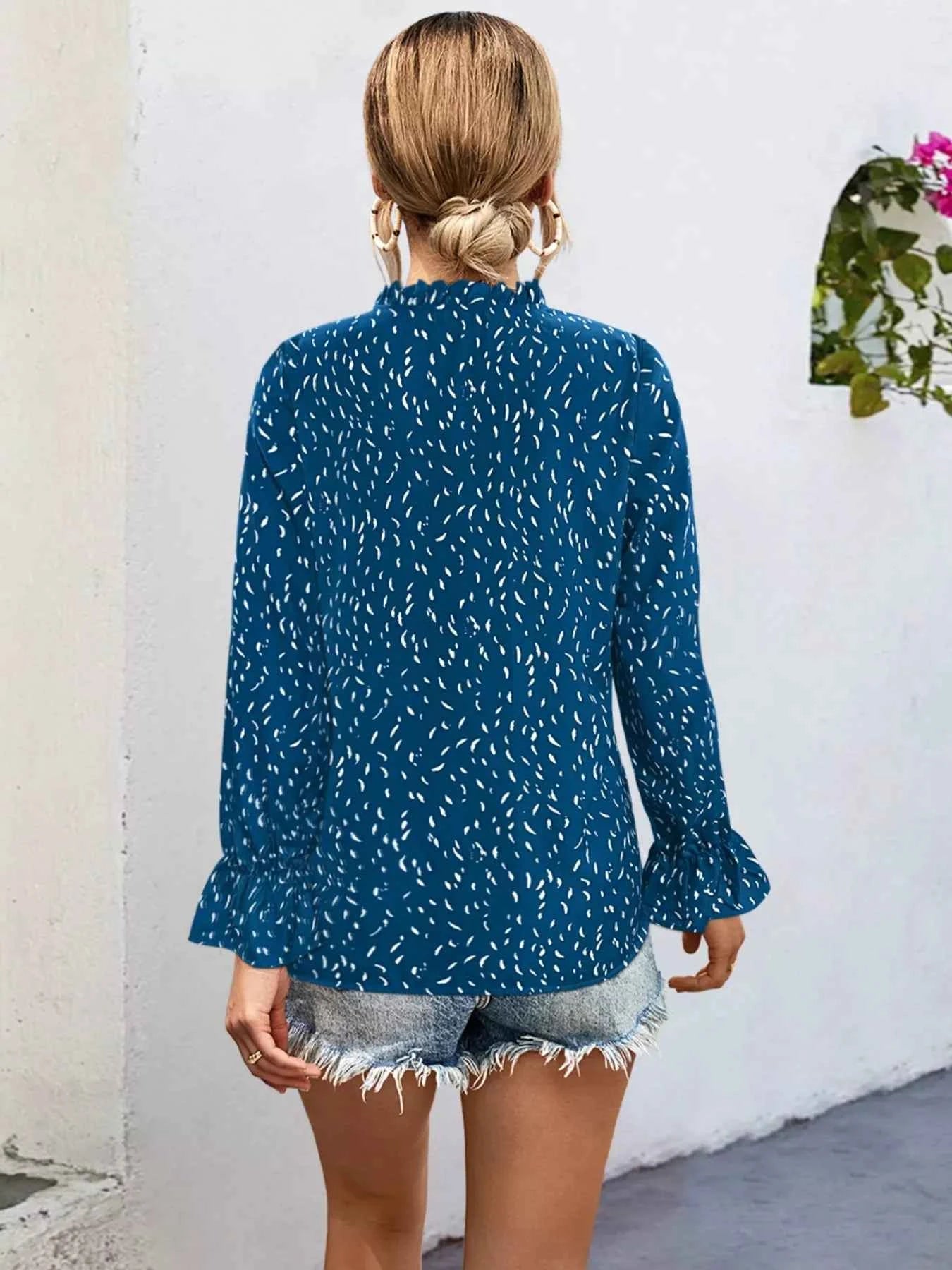 Ruffled Printed Tie Neck Long Sleeve Blouse ab2160b6-c55c-4dc4-92b9-3d6adcd45f12-Max-Origin