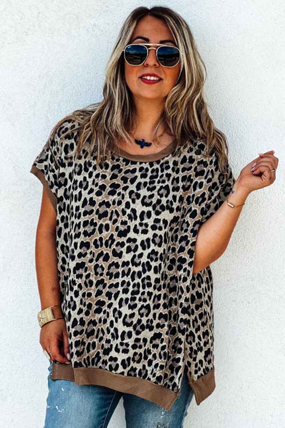 Khaki Leopard Contrast Trim Short Sleeve Loose Plus Size Top ab228240412f306f