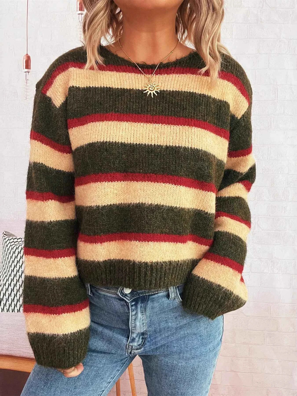 Striped Round Neck Long Sleeve Sweater ab261a8f526343fe9a8ef8a99820885f-Max-Origin