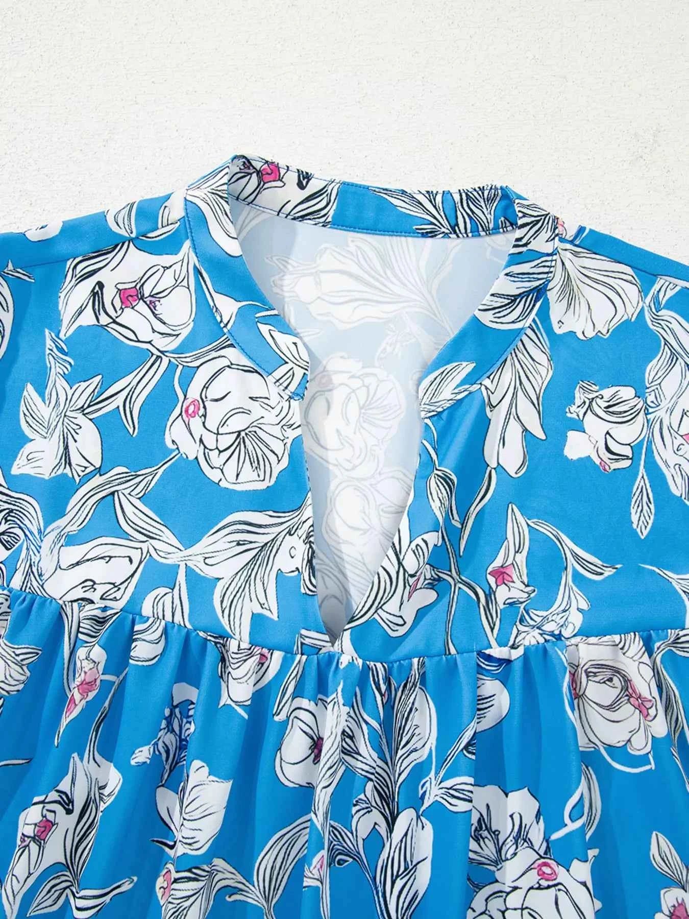 Notched Floral Print 3/4 Puff Sleeve Blouse ab2b9c9bb791459e8dd16b6c082c04c5-Max-Origin