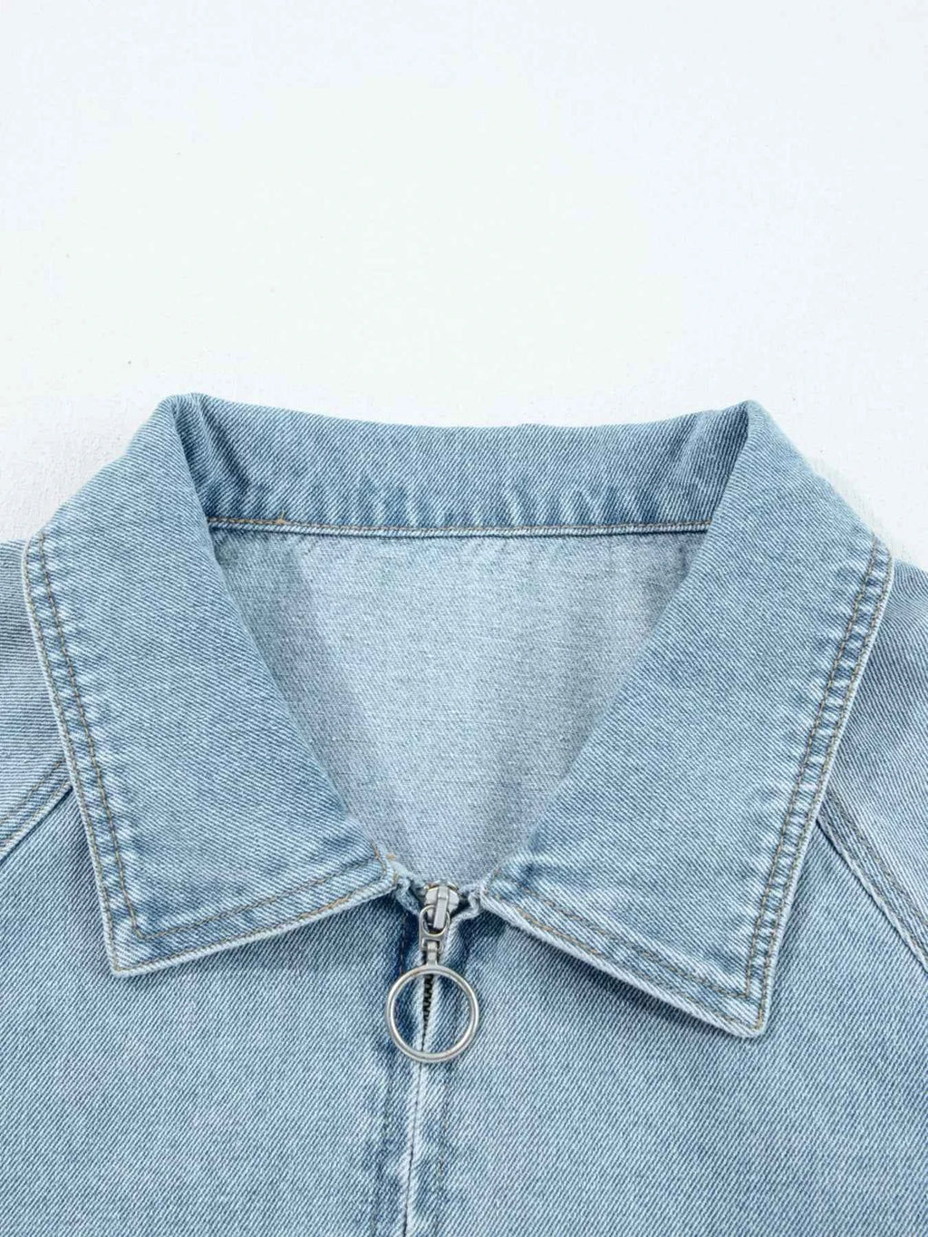 Elastic Edge Collared Zip Up Denim Jacket With Pocket ab352d2d7c49437aadb964d18d703092-Max-Origin