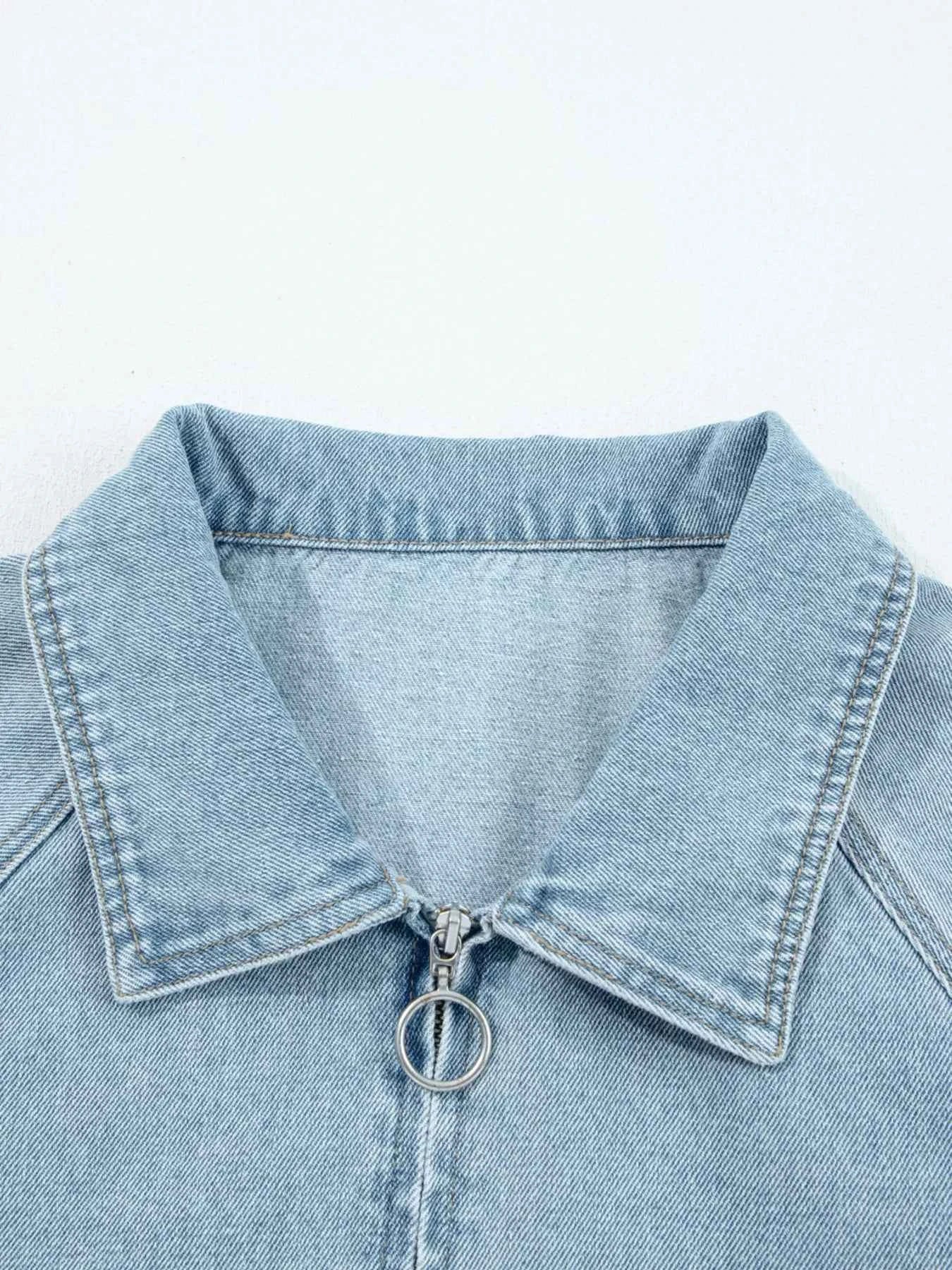 Elastic Edge Collared Zip Up Denim Jacket With Pocket ab352d2d7c49437aadb964d18d703092-Max-Origin