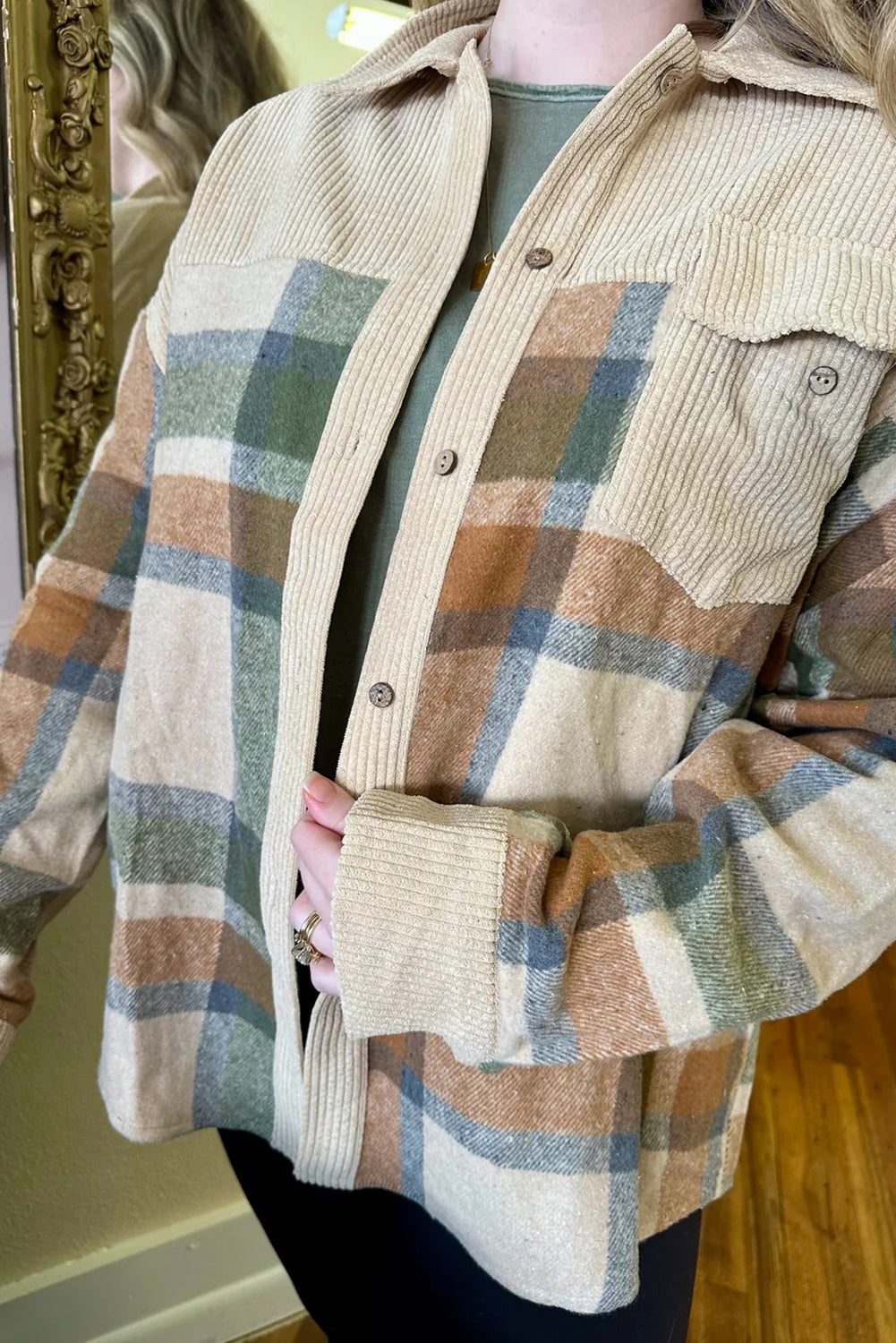 Parchment Plaid Patchwork Long Sleeve Shacket ab65ae732334d2e0