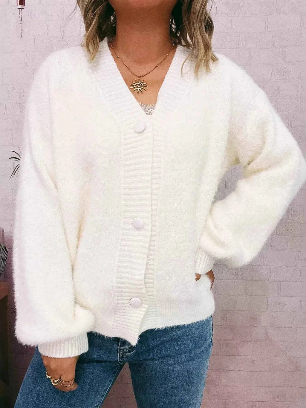 Fuzzy Button-Up Long Sleeve Cardigan White One Size ab6cc4a0147544e29f67504728714080-Max-Origin