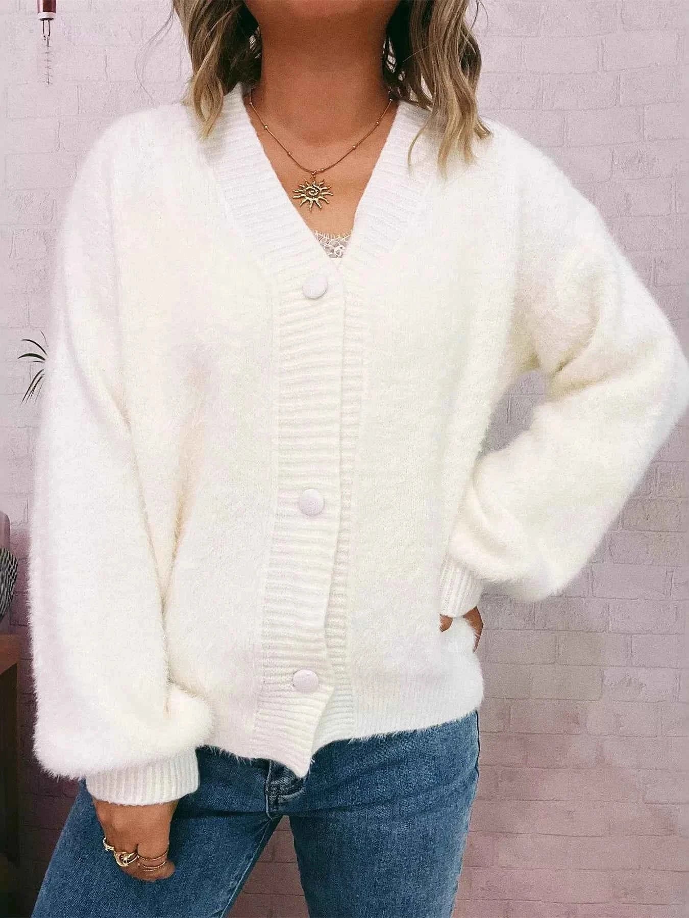 Fuzzy Button-Up Long Sleeve Cardigan White One Size ab6cc4a0147544e29f67504728714080-Max-Origin