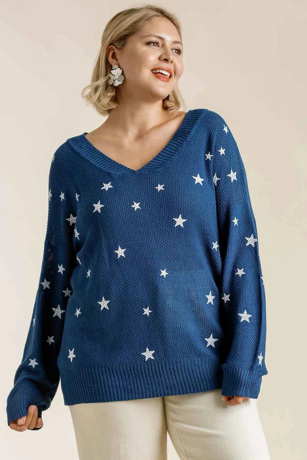 Umgee Full Size Star V-Neck Long Sleeve Sweater Plus Size ab75db69-8b36-40dd-bc35-782d0fe12f4a-Max