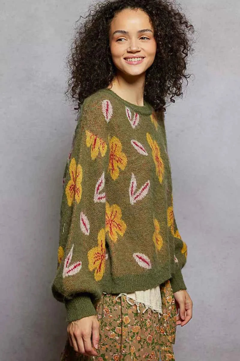 POL Floral Pattern Round Neck Balloon Sleeve Sweater ab78c4b4-9bfa-40f6-99b1-a65bd247dfd1-Max-Origin