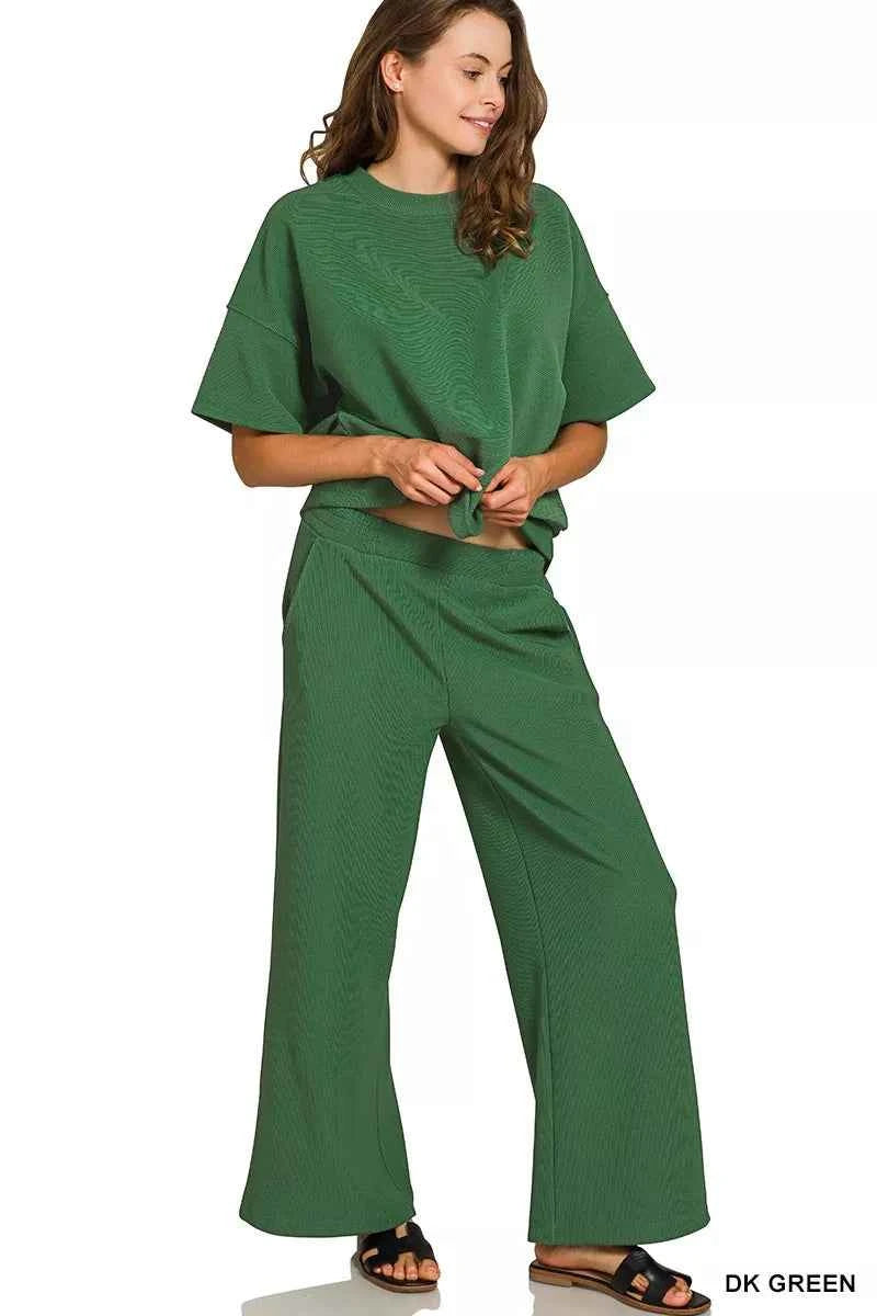 Zenana Ribbed Round Neck Tee & Pants Set ab7a35f1762d47a39b3b79d902e09c89-Max-Origin