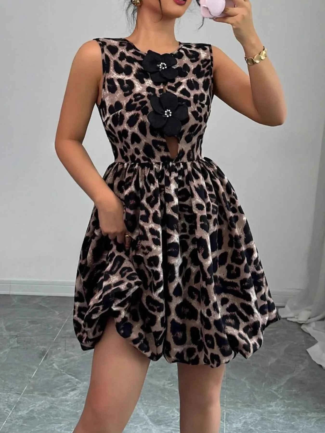 Leopard Print Sleeveless Fit and Flare Mini Dress Chocolate ab83b528-9d05-42ba-a685-197bf7f3cf82-Max-Origin