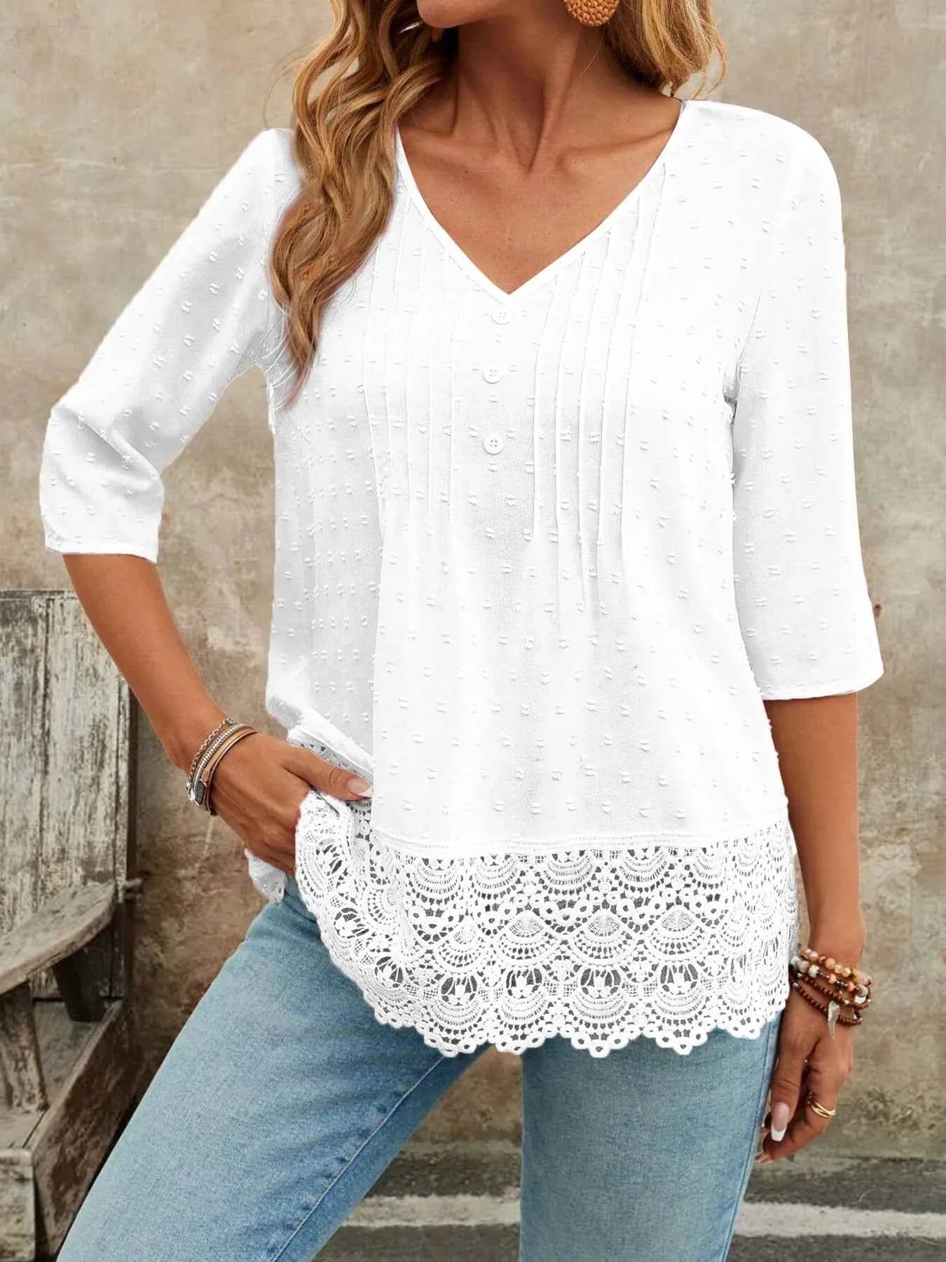 Lace Hem V-Neck Blouse White ab8dc0d679054b068ab13e054d924f95-Max-Origin