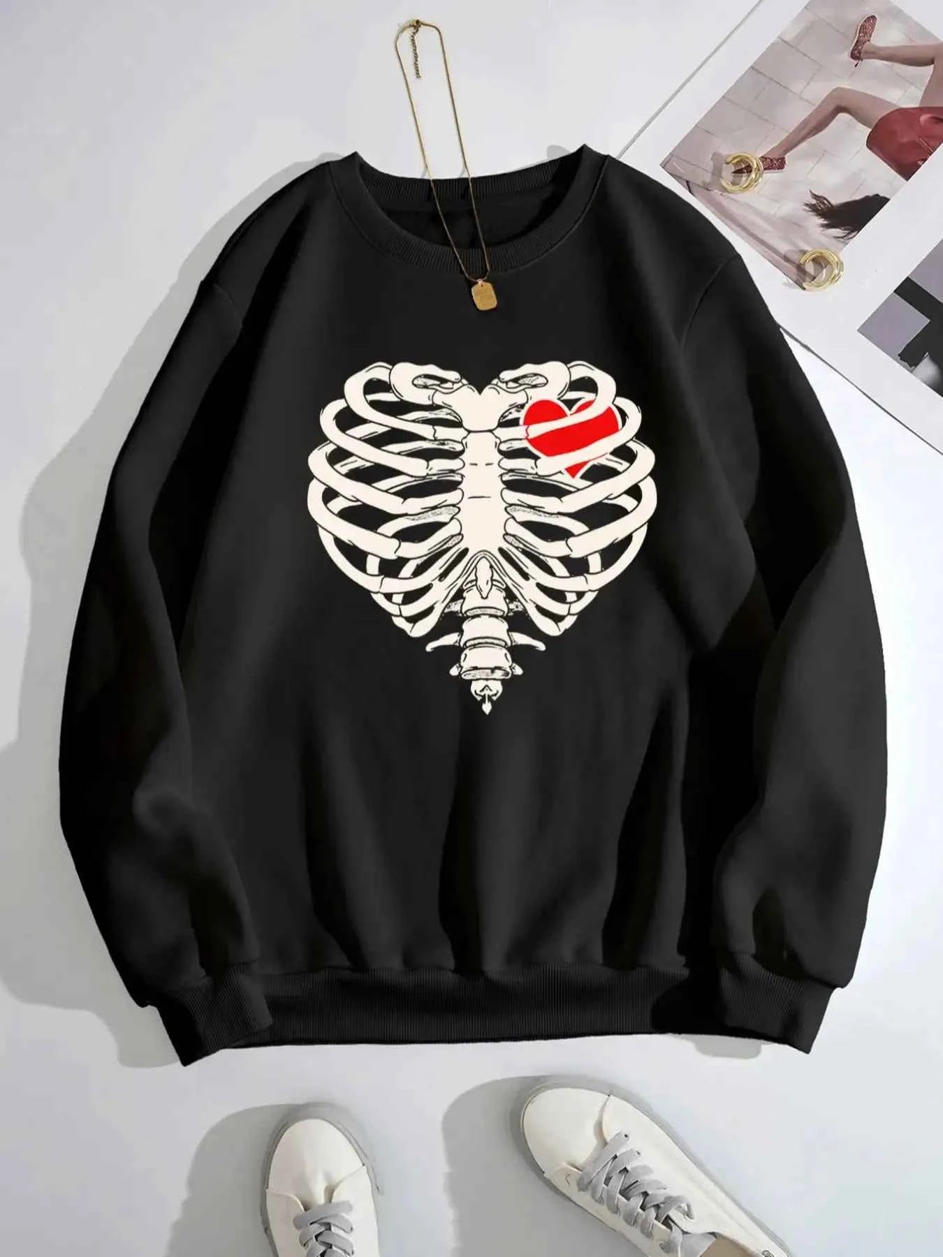 Skeleton Heart Round Neck Sweatshirt Black ab91b2f5-0b5e-4a81-b9fc-2b39807f55cc-Max-Origin