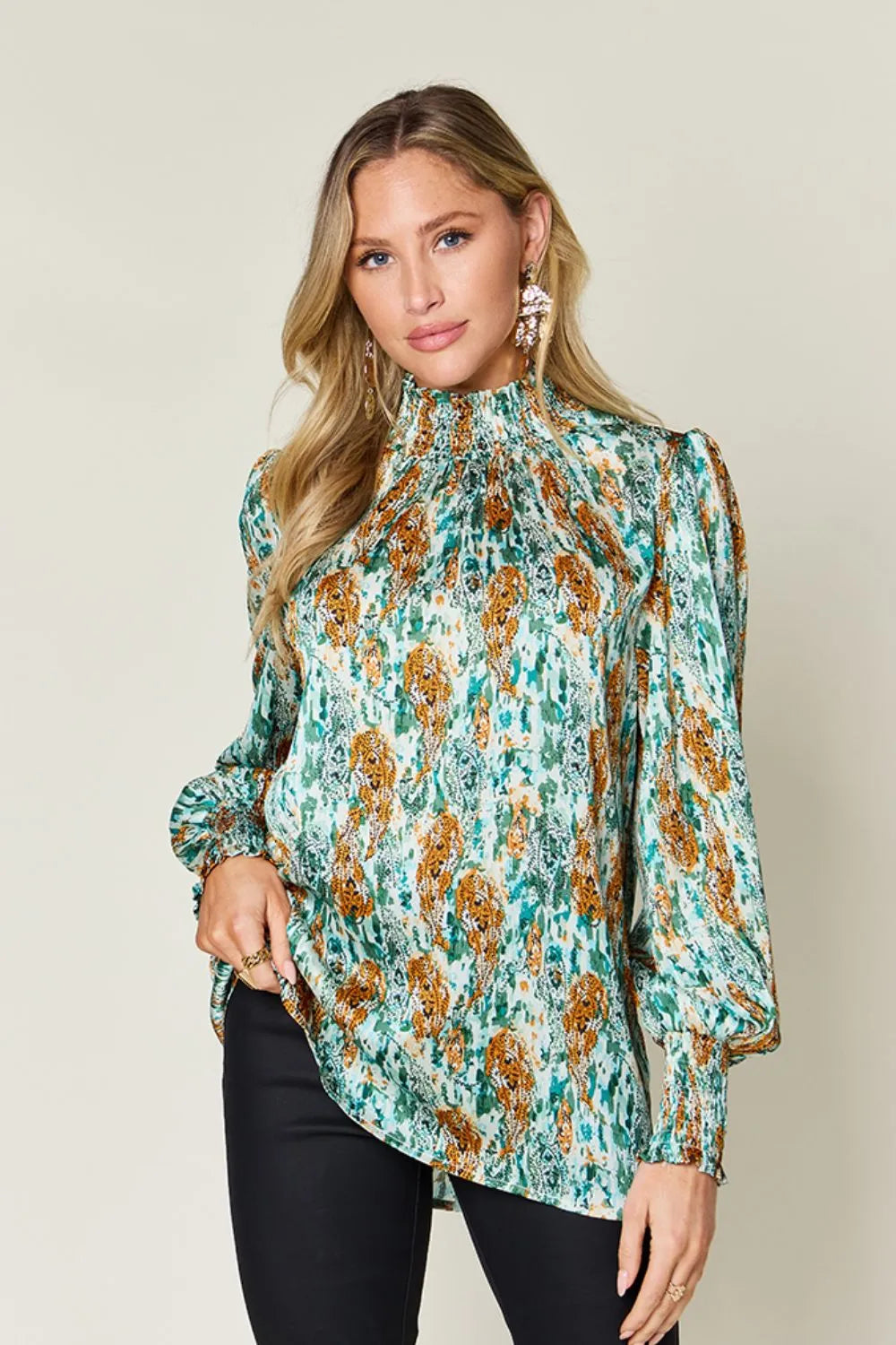 Double Take Full Size Printed Smocked Long Sleeve Blouse Green ab93cb83-4caa-4bec-9e17-35c70184b62b-Max