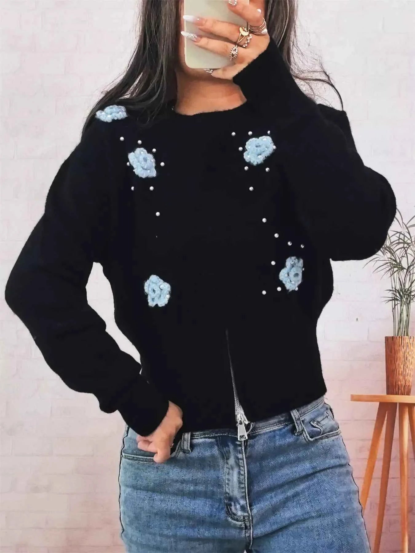 Flower Pearl Detail Ribbed Hem Sweater Black One Size ab9e436dadd94fdebd8221a79091a672-Max-Origin