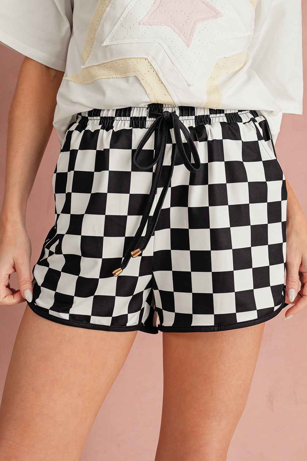 Rose Checkered Drawstring Elastic Waist Casual Shorts ab9f742fdedf9a7c