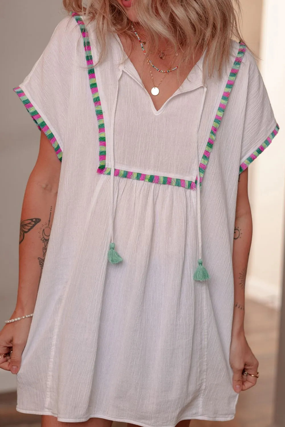 Tassel Tie Neck Short Sleeve Blouse aba1ab09-fd63-450b-889b-2385a966b9ed-Max