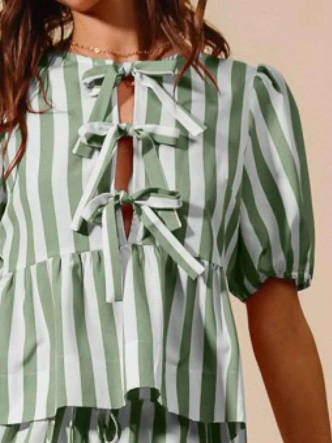 SO ME Front Tie Stripe Puff Sleeves Top and Wide Leg Pants Set aba3bd4c-ab3d-4dc8-9360-c926fcc654e9-Max-Origin