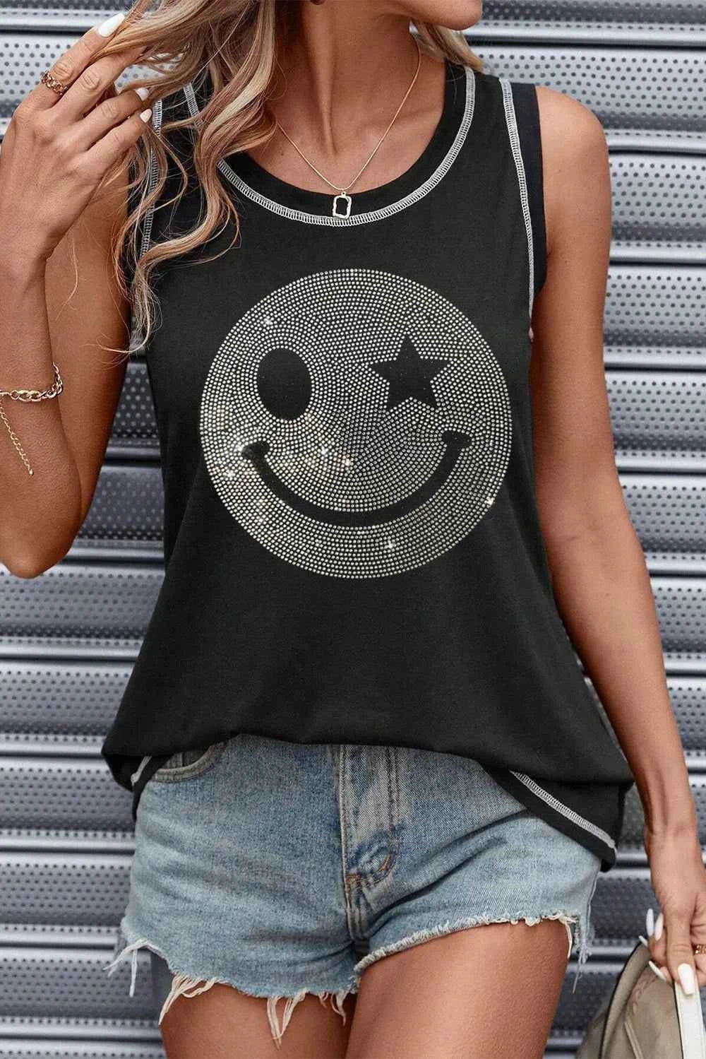 Rhinestone Smile Face Round Neck Tank abbc27e0-2038-4c8b-8f80-0a116ff42de5-Max