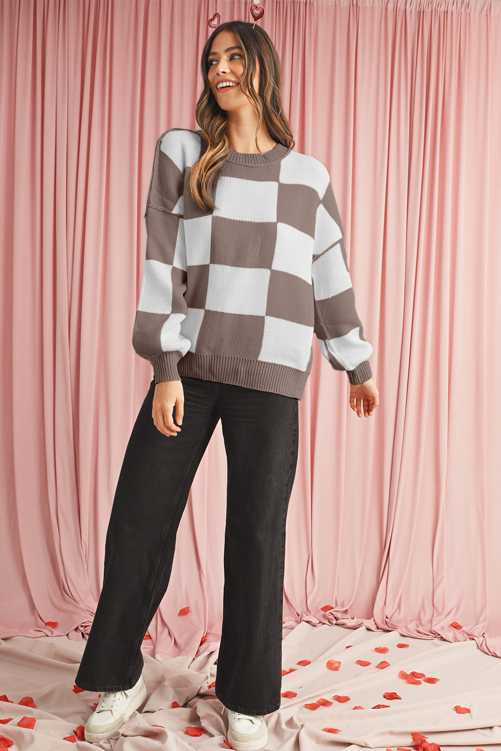 Pink Checked Bishop Sleeve Pullover Sweater abbc99c1c4ae7367