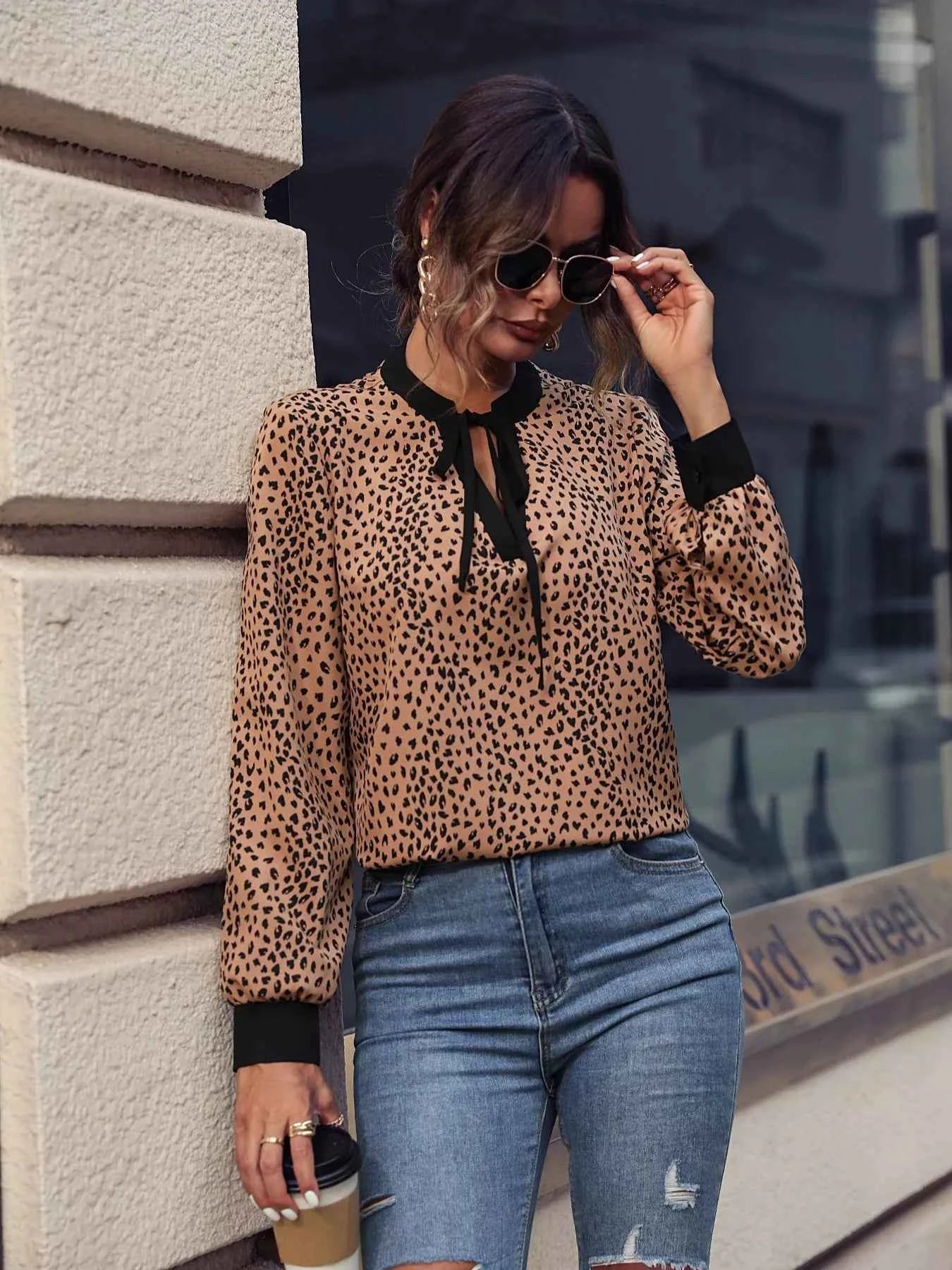 Animal Print Contrast Trim Tie Front Blouse abdef620-0188-4c7e-8b60-b3188f95e259-Max-Origin