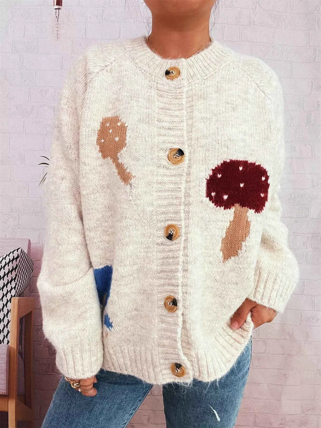 Mushroom Pattern Button-Up Cozy Knit Cardigan Apricot One Size abe1626af3554bcb8a3f2e427a1e95a2-Max-Origin