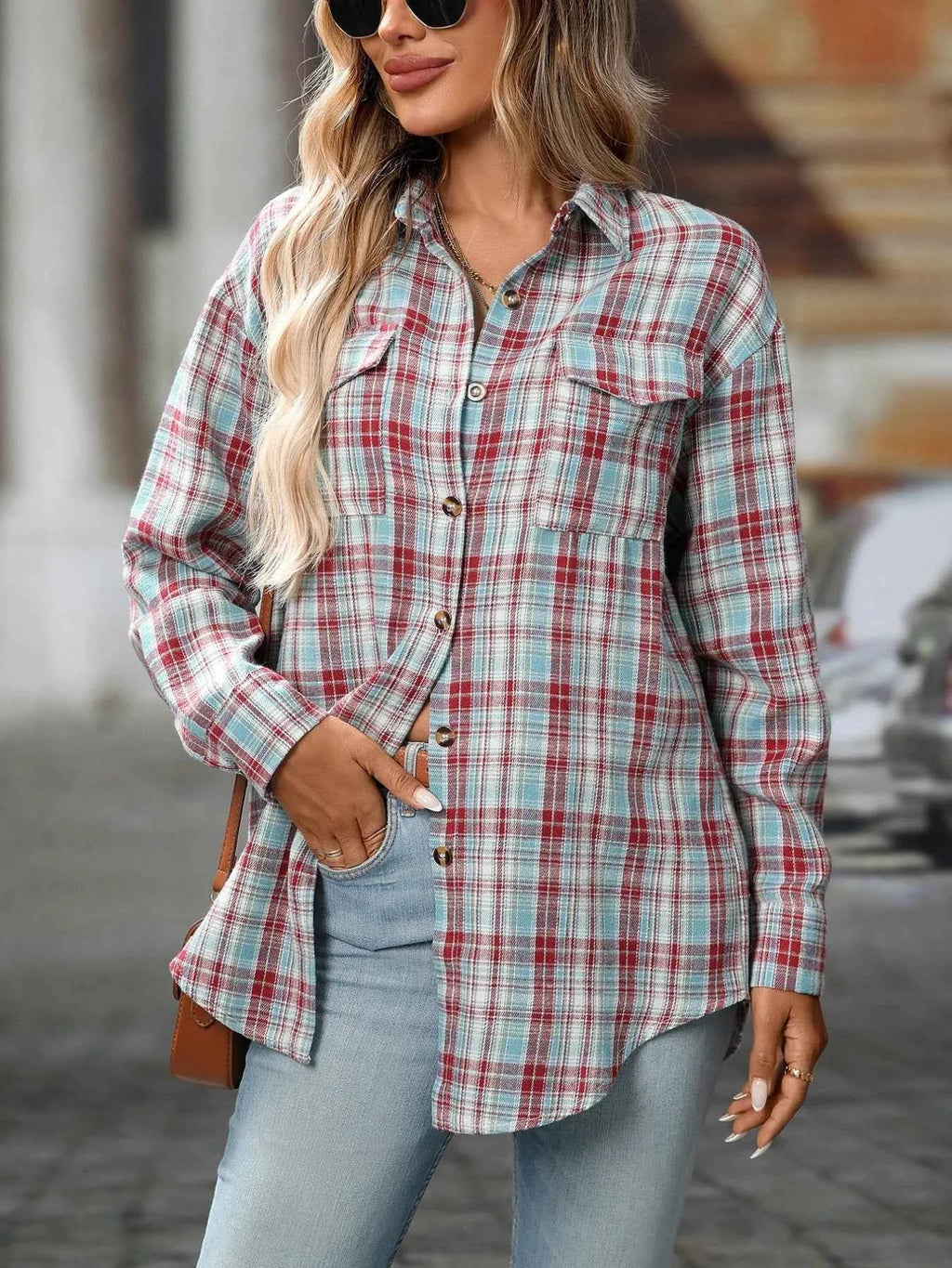 Plaid Button-Down Oversized Shirt Light Lake Blue abebb167-e641-43c9-96a6-b7f65084310e-Max-Origin
