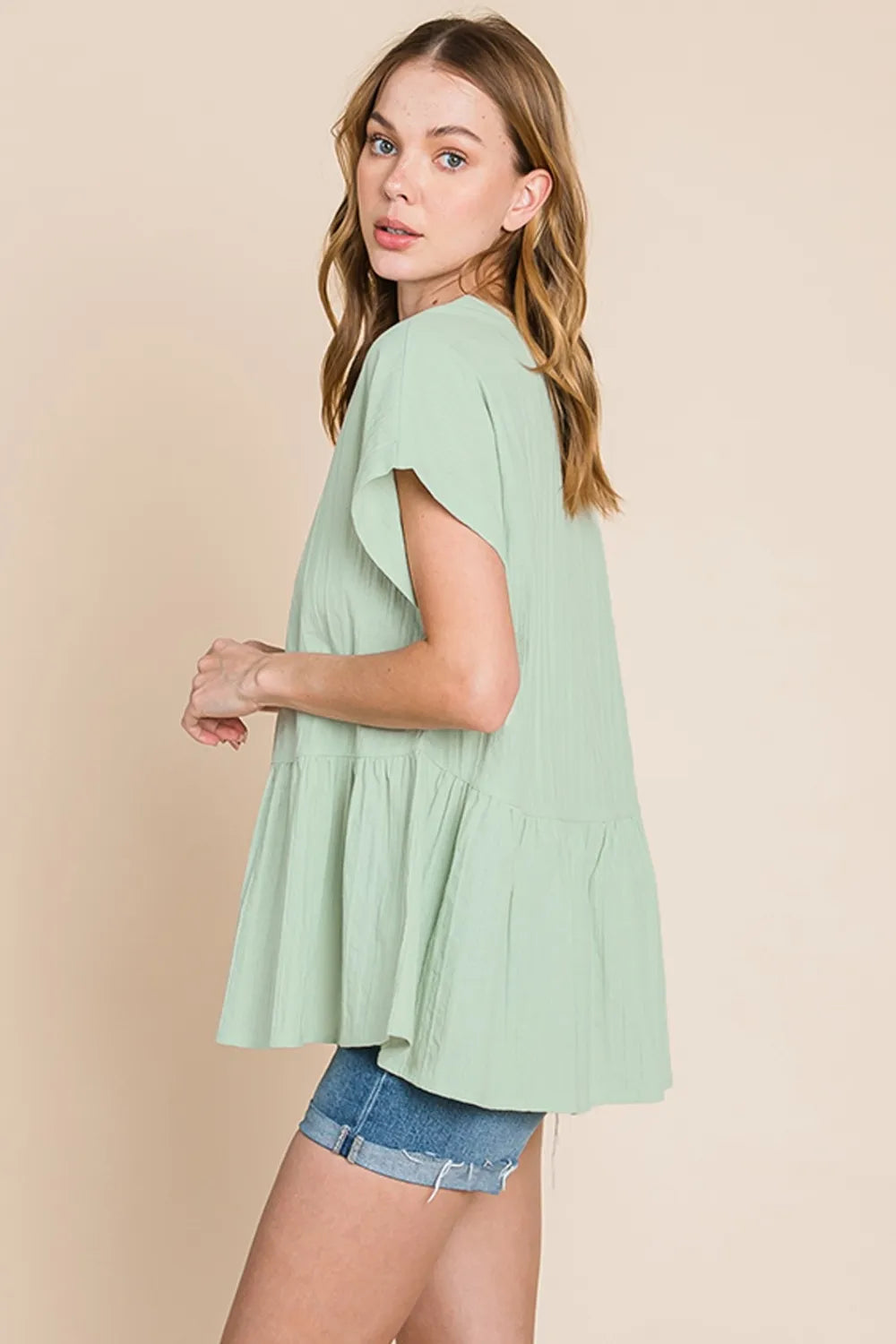 Cotton Bleu by Nu Lab Ruched Notched Short Sleeve Blouse abee995e-4cec-4db5-ac8c-c95e219e72eb-Max