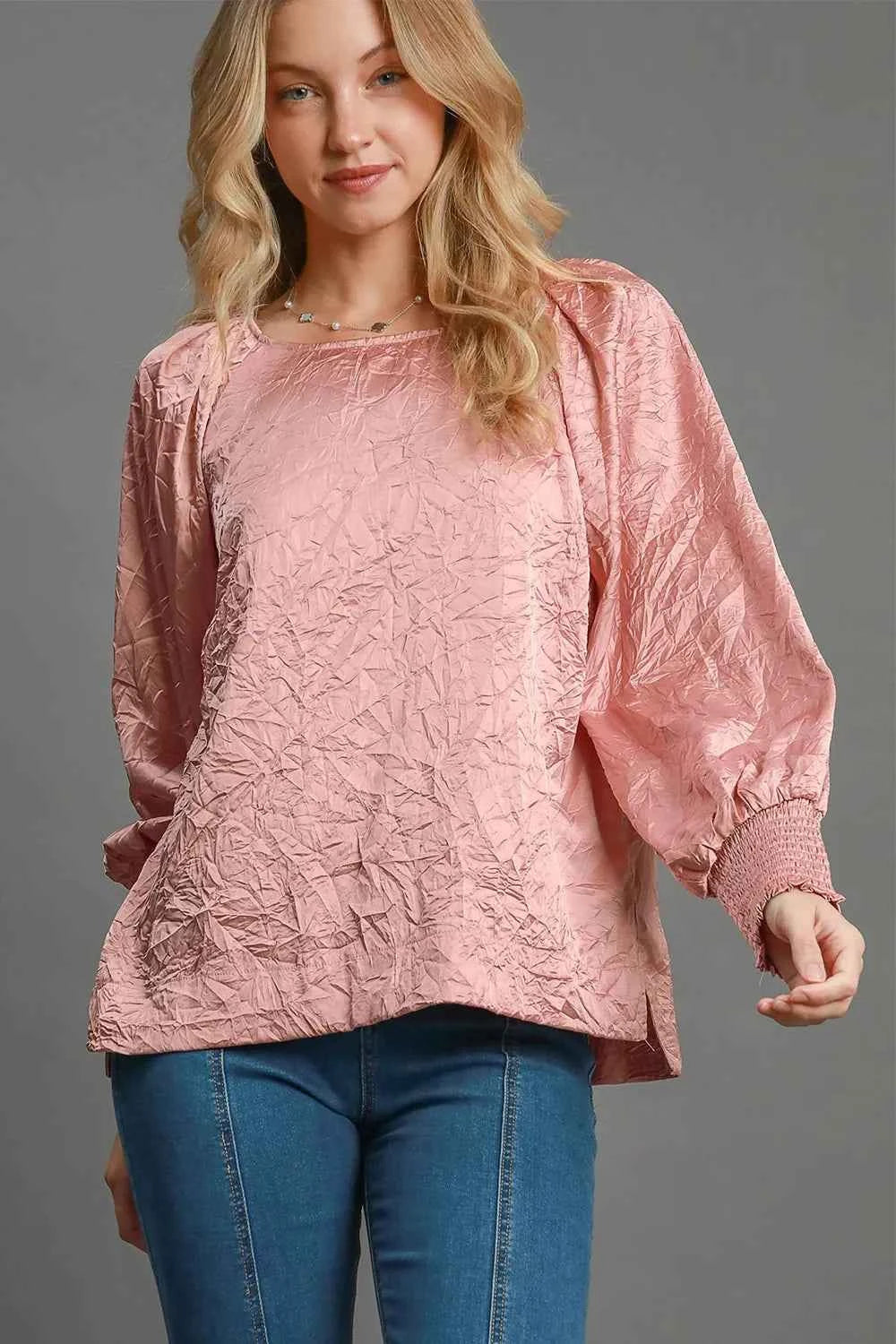 Umgee Wrinkled Round Neck Lantern Sleeve Blouse Blush Pink abfc294f-9a76-4af0-94f0-bb88d0c445b2-Max