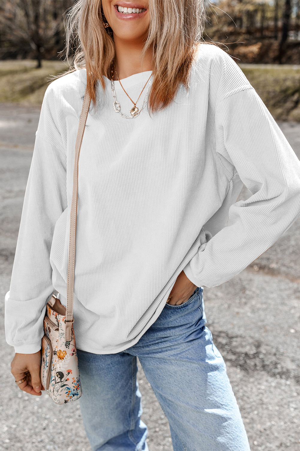 White Drop Shoulder Rib Knit Oversized Sweatshirt abfd99f3e4b0d0bb