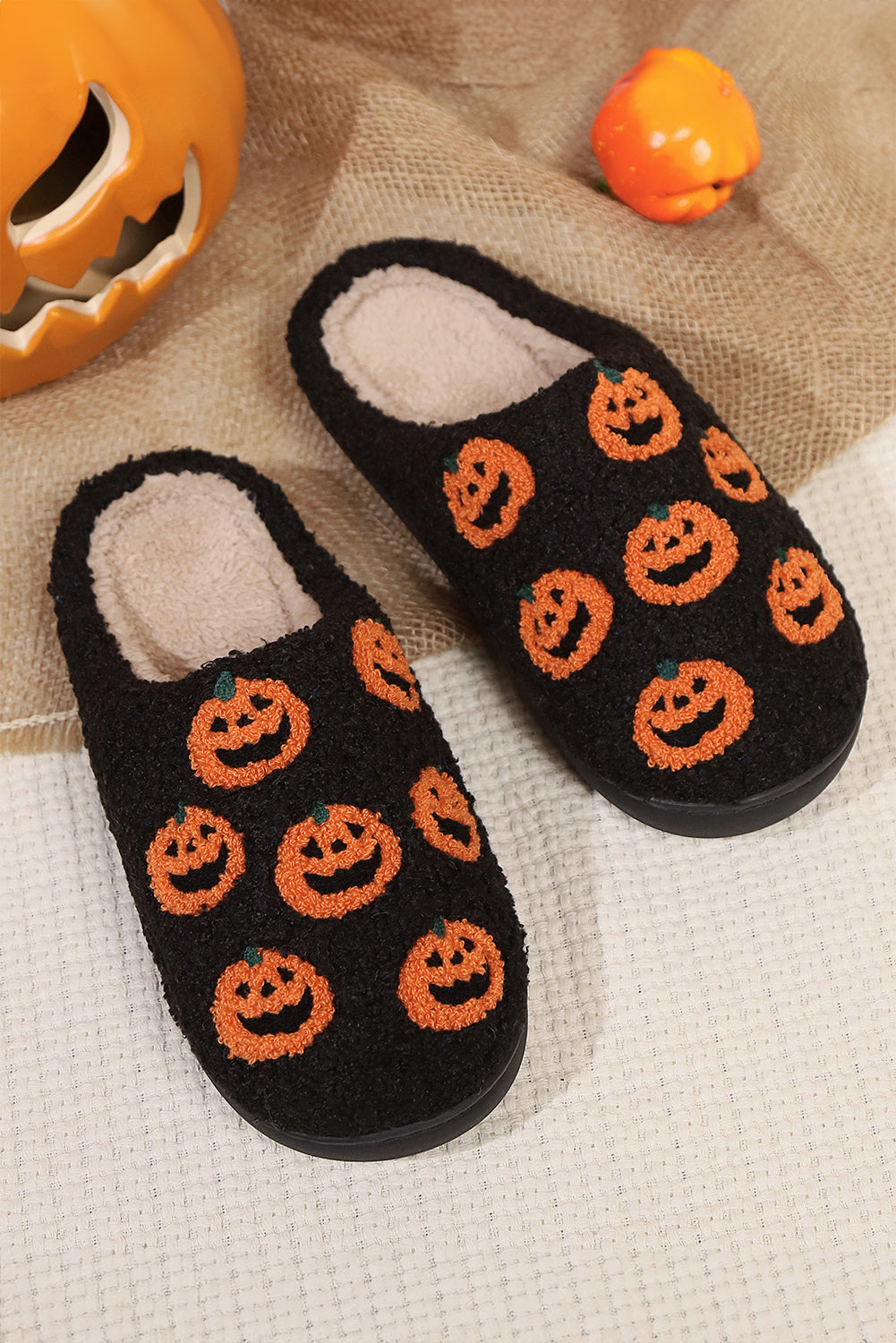 Black Halloween Pumpkin Plush Home Slippers ac07fb1e14e132e3