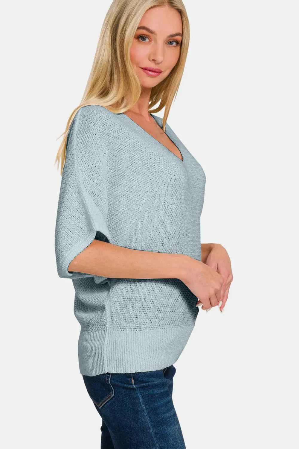 Zenana V-Neck Short Sleeve Dolman Sweater ac0cb0c5-cfc8-447e-ab6b-27dbe794d8d6-Max