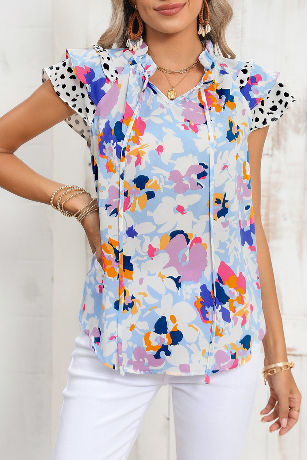 Black Floral Print Ruffle Flutter Sleeve Tied V Neck Blouse ac0cb2a061714518