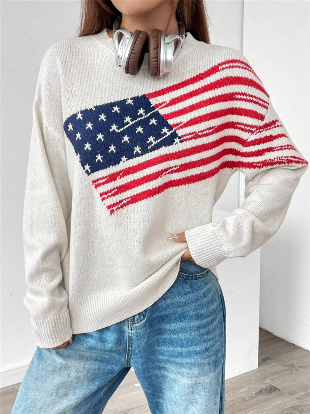 US Flag Round Neck Long Sleeve Sweater ac15be894a6747b3919215f1ee3b83a5-Max-Origin