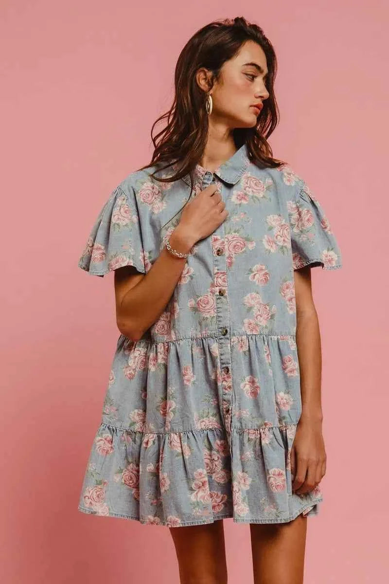 BiBi Floral Print Washed Lightweight Tiered Shirt Dress ac164f145bb94a5e9988299787f31bbf-Max-Origin