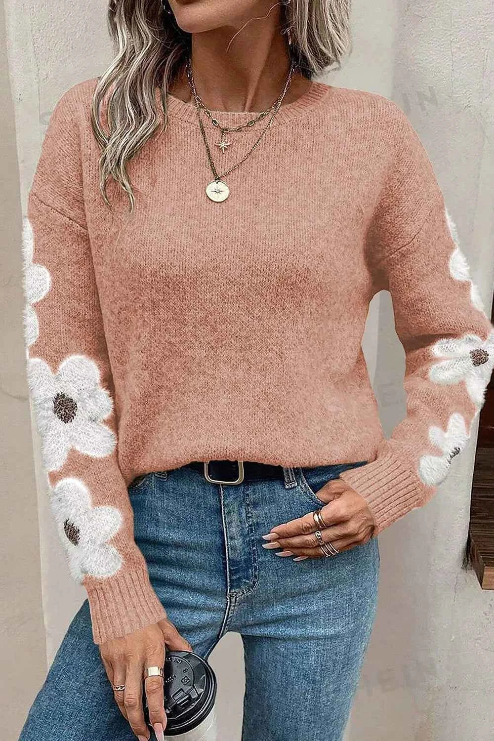 Flower Round Neck Long Sleeve Sweater Dusty Pink ac3ddcc9-e36c-49eb-9882-0cce28b3544f-Max