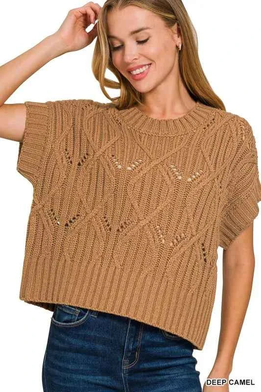 Zenana Cable Knit Short Sleeve Sweater ac5a6fd8-7b6d-4111-b421-7bce3dc51803-Max-Origin